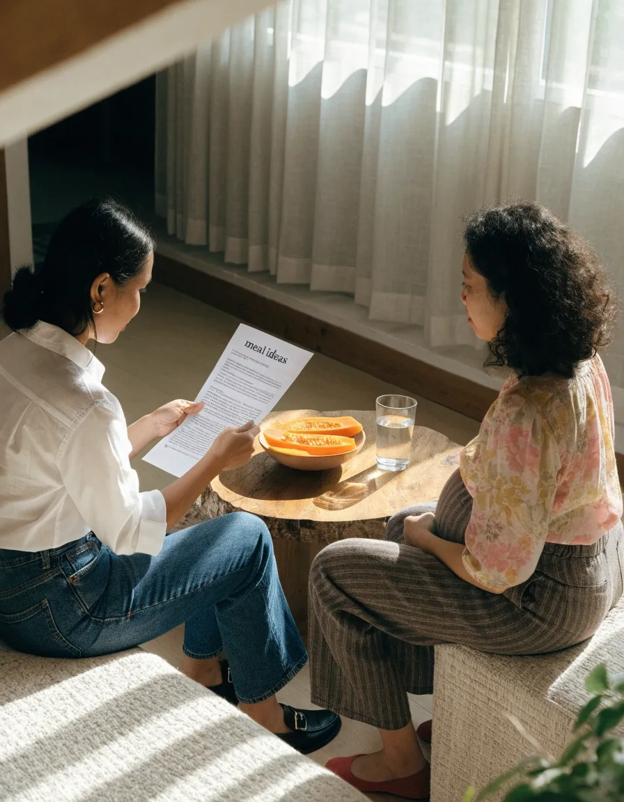 Dietitian discussing meal ideas with a pregnant client in a living room