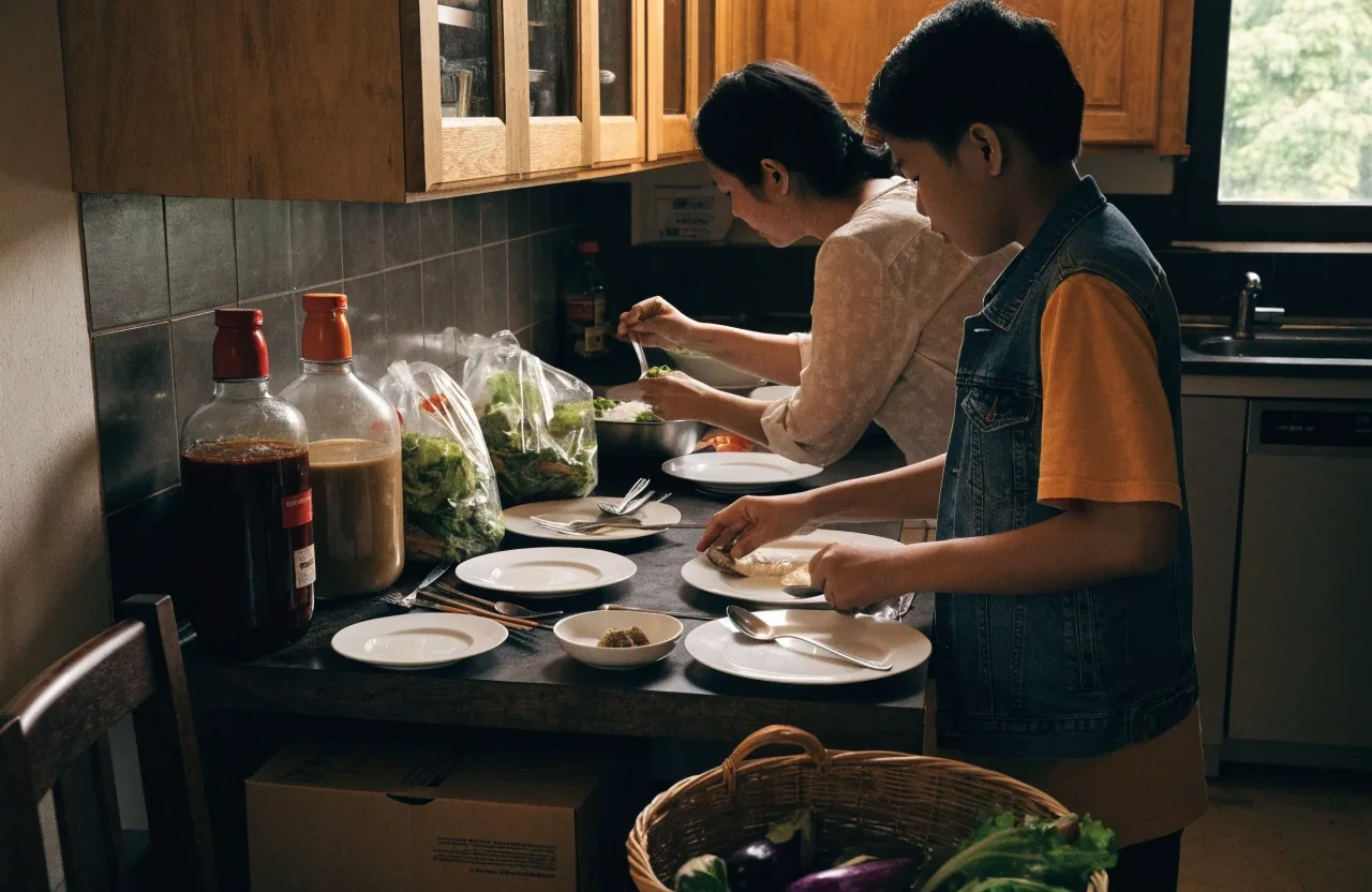An Indonesian family kitchen at dinner time with plates being portioned for several ages