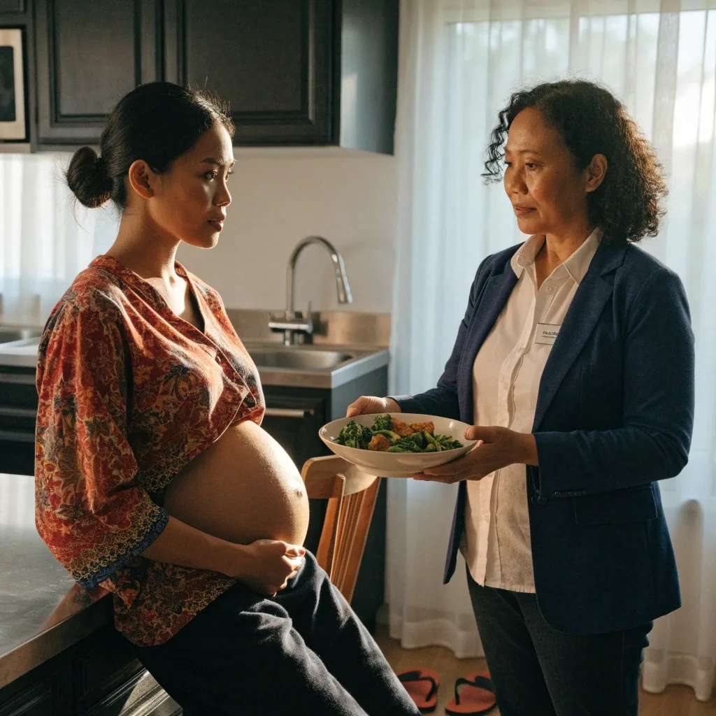 Registered dietitian and a client going through a week of everyday Indonesian meals at a sunlit table