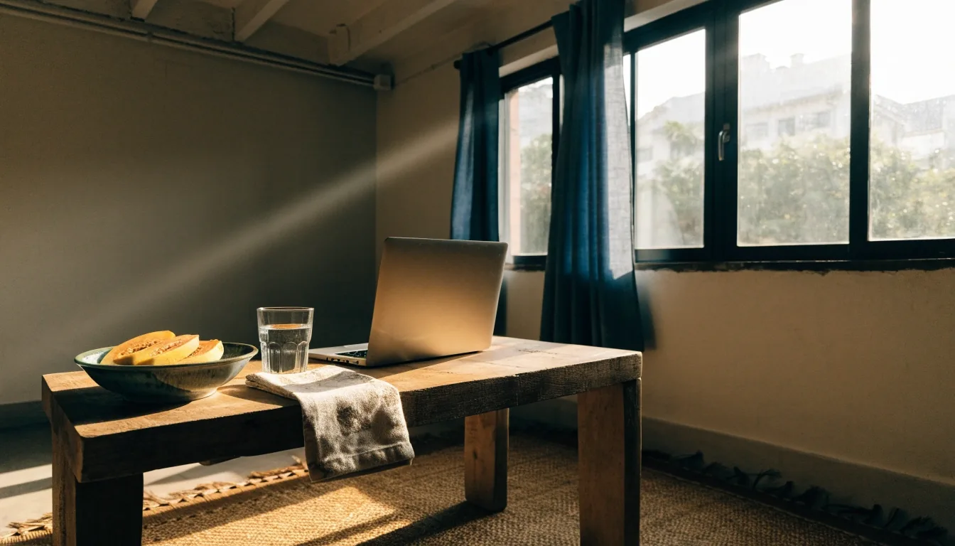 A quiet online consultation corner at home with a laptop glow, fresh fruit and a glass of water in late afternoon light