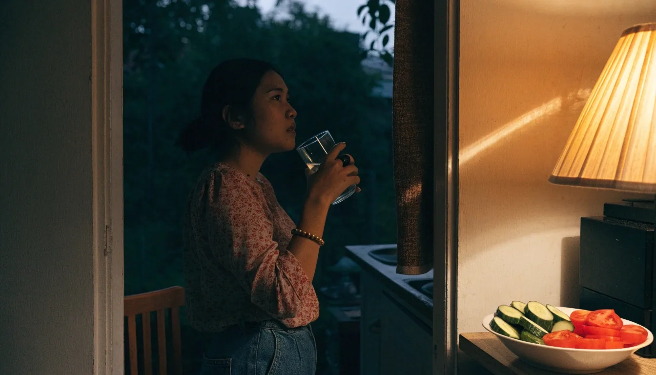 A quiet home kitchen table with a bowl of vegetables, a closed notebook and a warm lamp at dusk