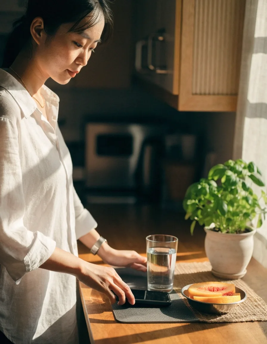 Hands holding a phone at a low angle beside a glass of water and cut fruit in warm daylight
