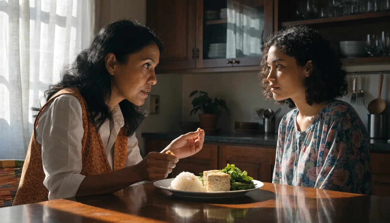 A registered dietitian reviewing everyday meals with a client at a bright kitchen table