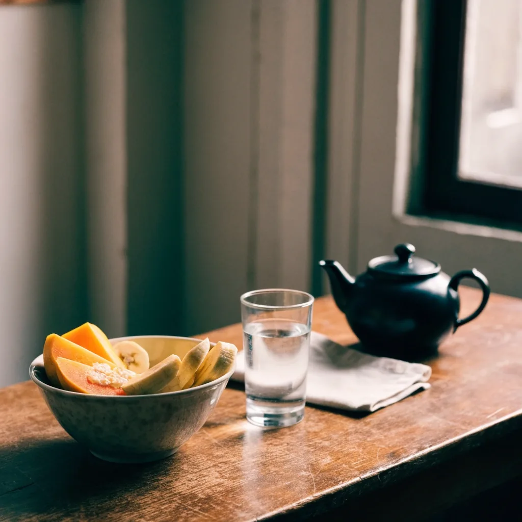 A quiet morning kitchen table with fruit, water, and tea before the day begins