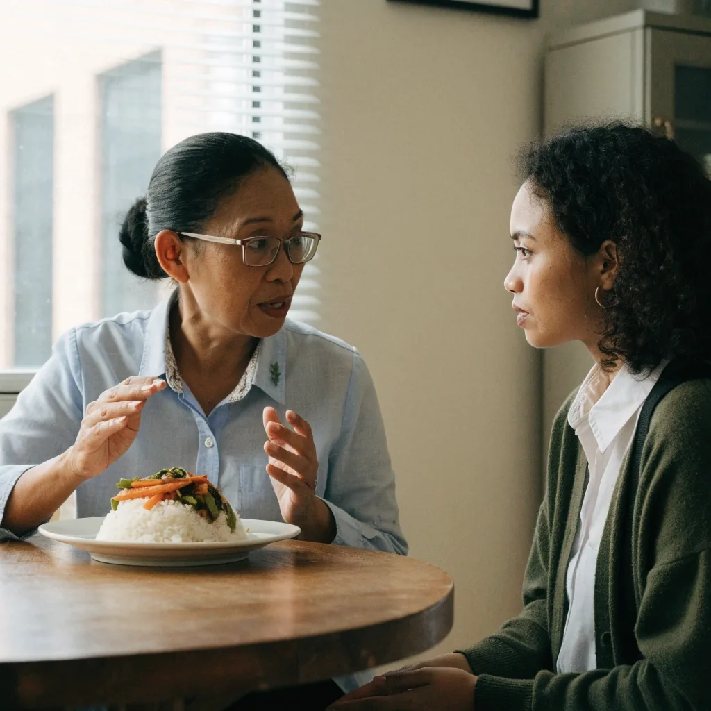 Dietitian drafting a weekly meal plan on plain paper beside a bowl of rice and fresh vegetables