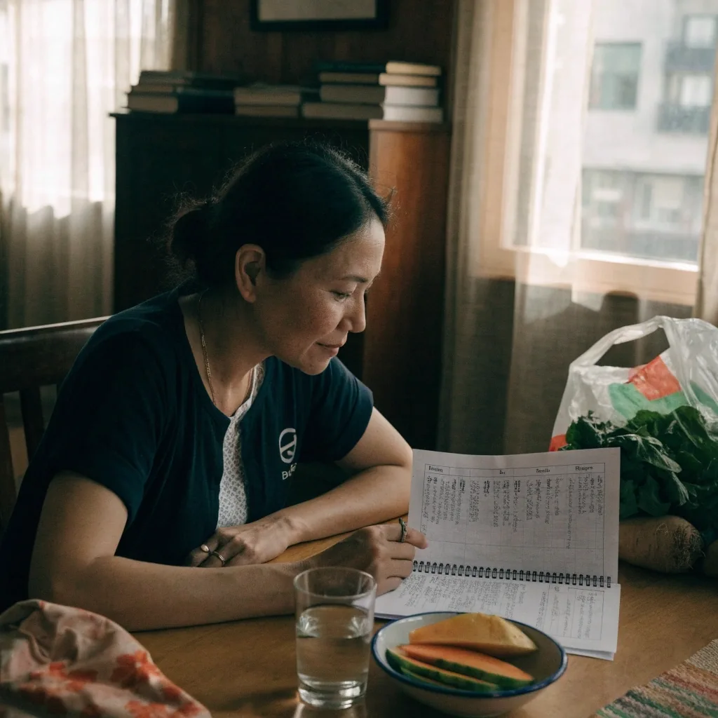 Meal plan page and shopping list left on the kitchen counter between follow-up sessions