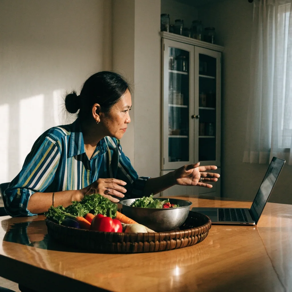 Registered dietitian reviewing a client's usual meals during an online consultation from her kitchen table
