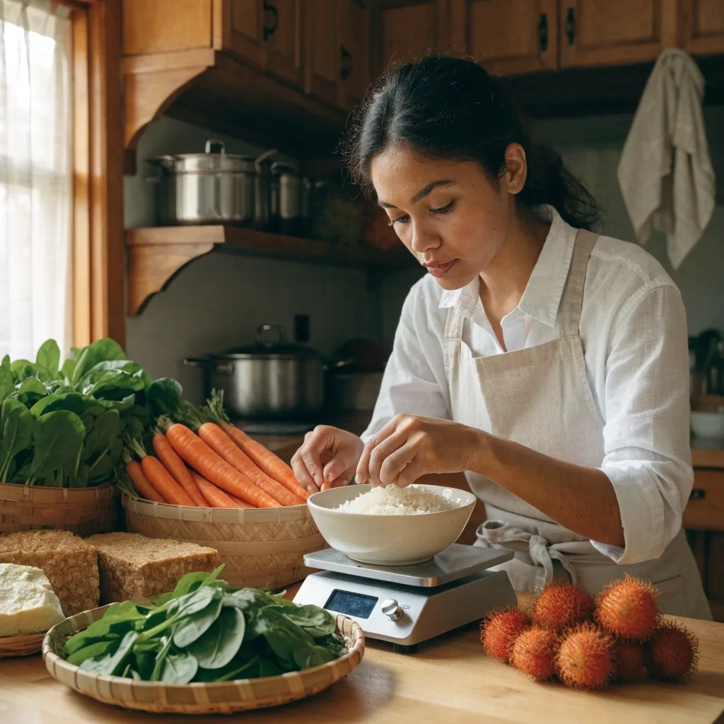 Dietitian weighing cooked rice beside baskets of local vegetables, tempeh, and fruit in a sunlit home kitchen