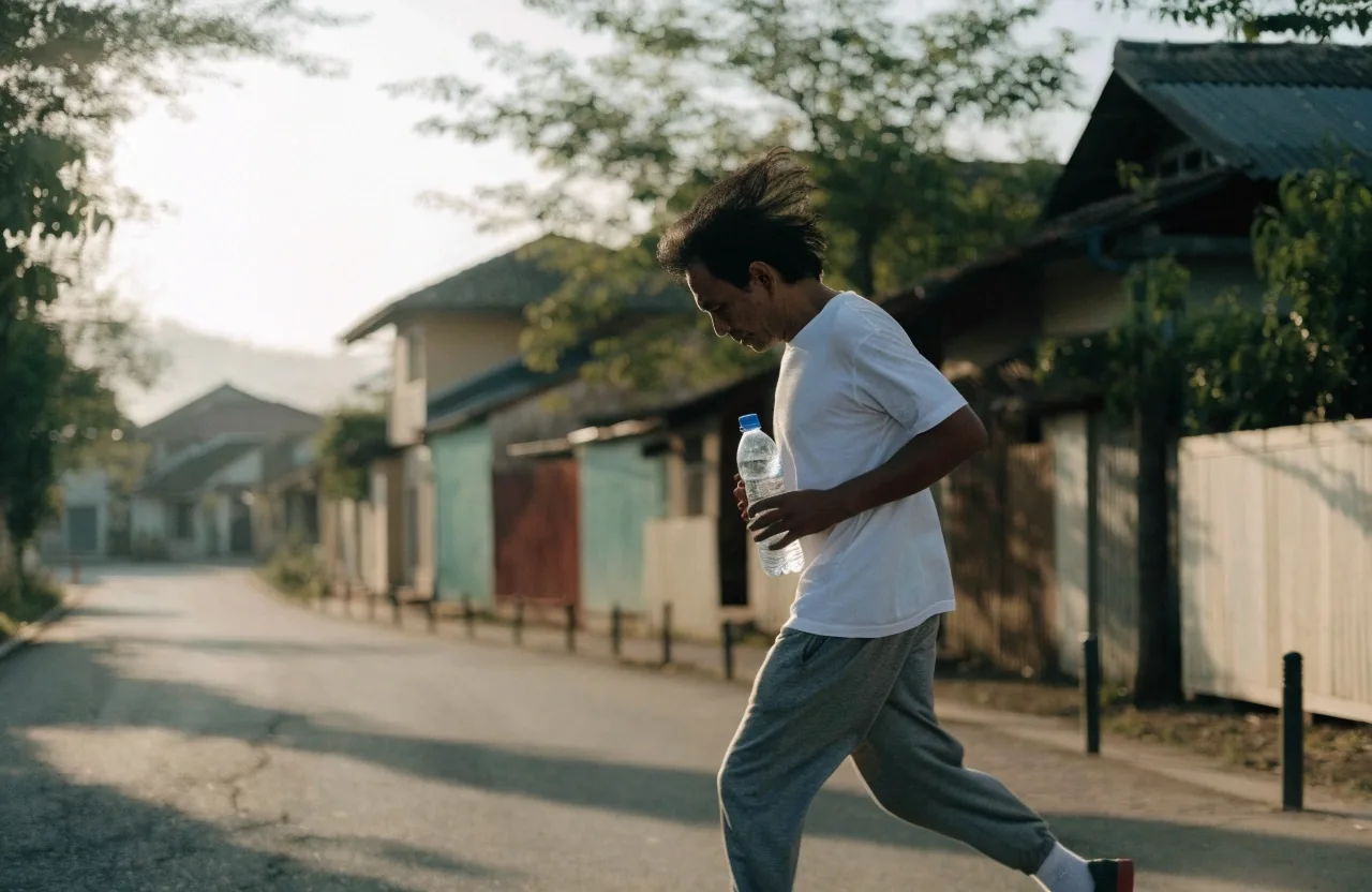 Man walking briskly along a quiet residential lane with a water bottle in the early morning