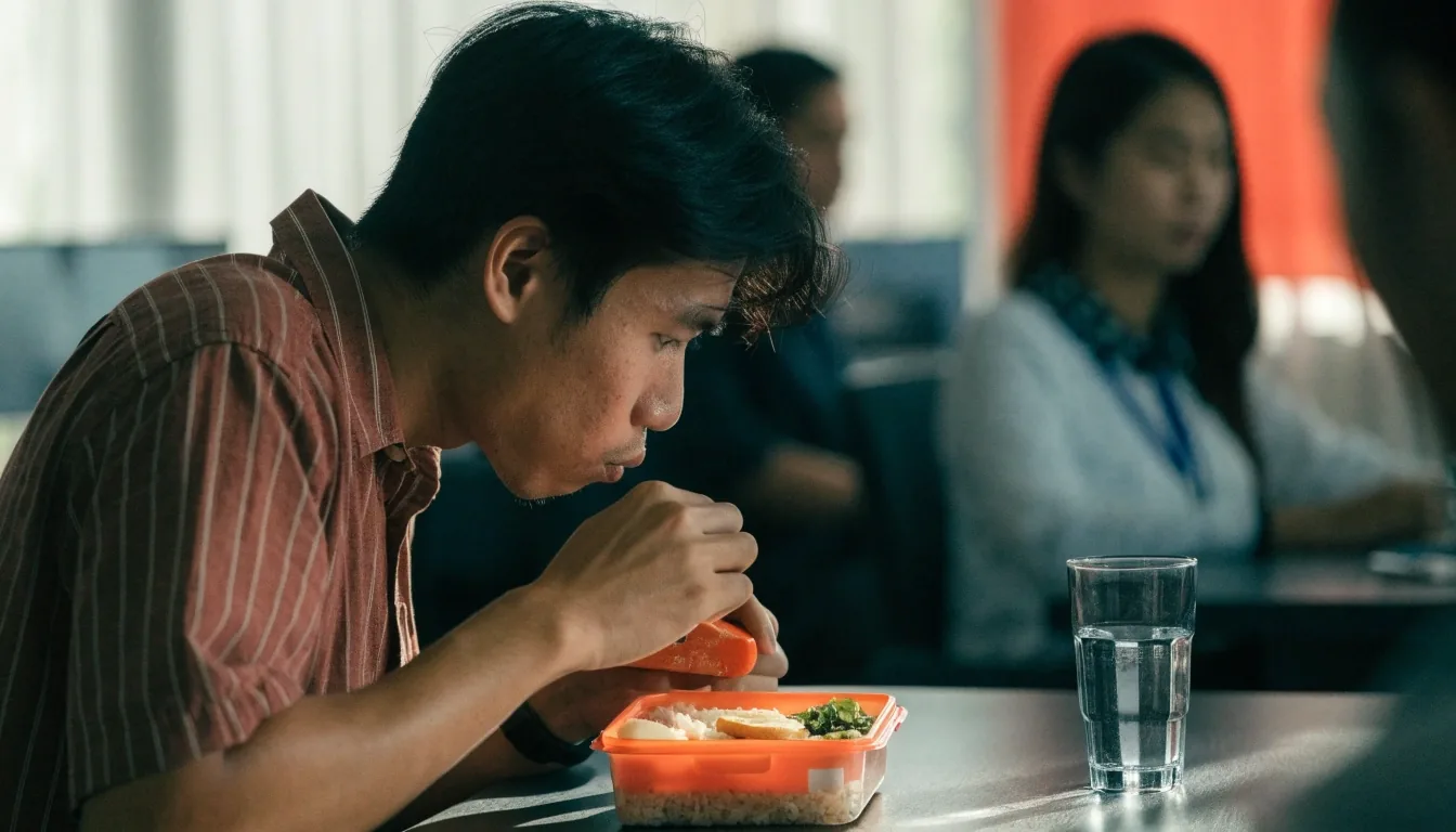 Office worker eating a packed lunch of rice, egg, and vegetables at a shared desk