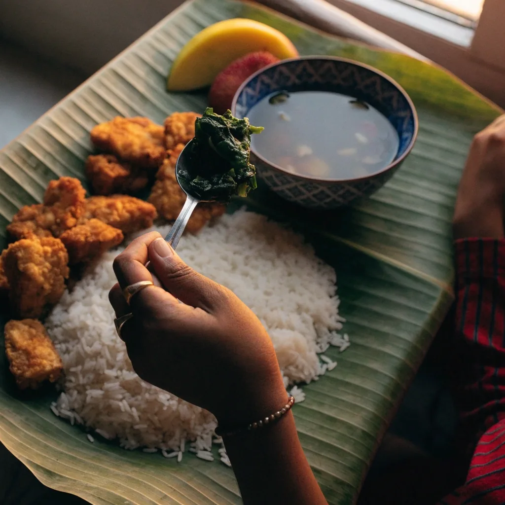 Overhead view of a simple Indonesian meal: rice, sauteed greens, fried tempeh, clear soup, and sliced fruit