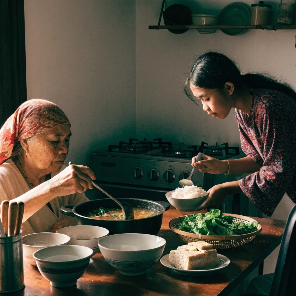 Parent and teenager cooking one shared meal, serving rice into bowls of different sizes