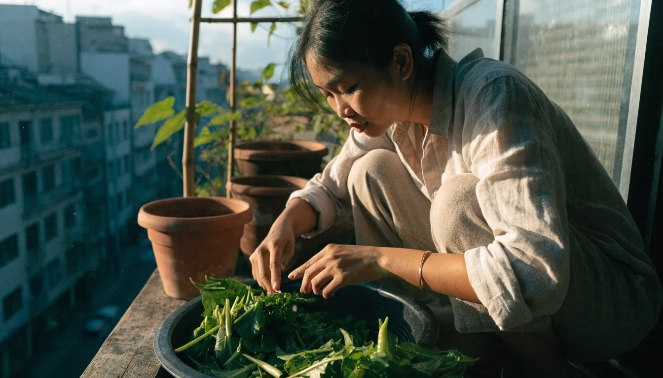 A quiet morning rooftop kitchen garden with fresh leafy greens and a basket of just-picked vegetables
