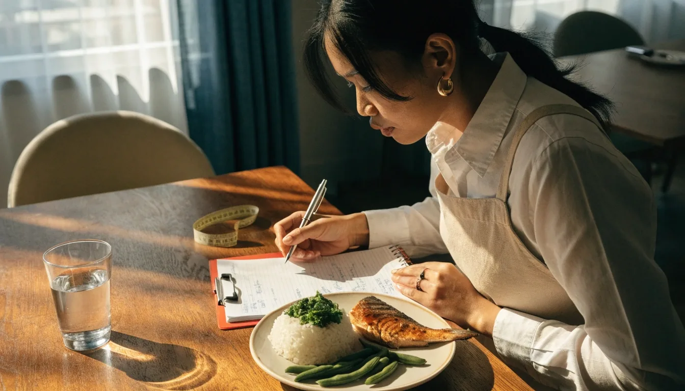 A dietitian reviewing handwritten notes beside a plate of rice, vegetables, and grilled fish in a daylight consultation room