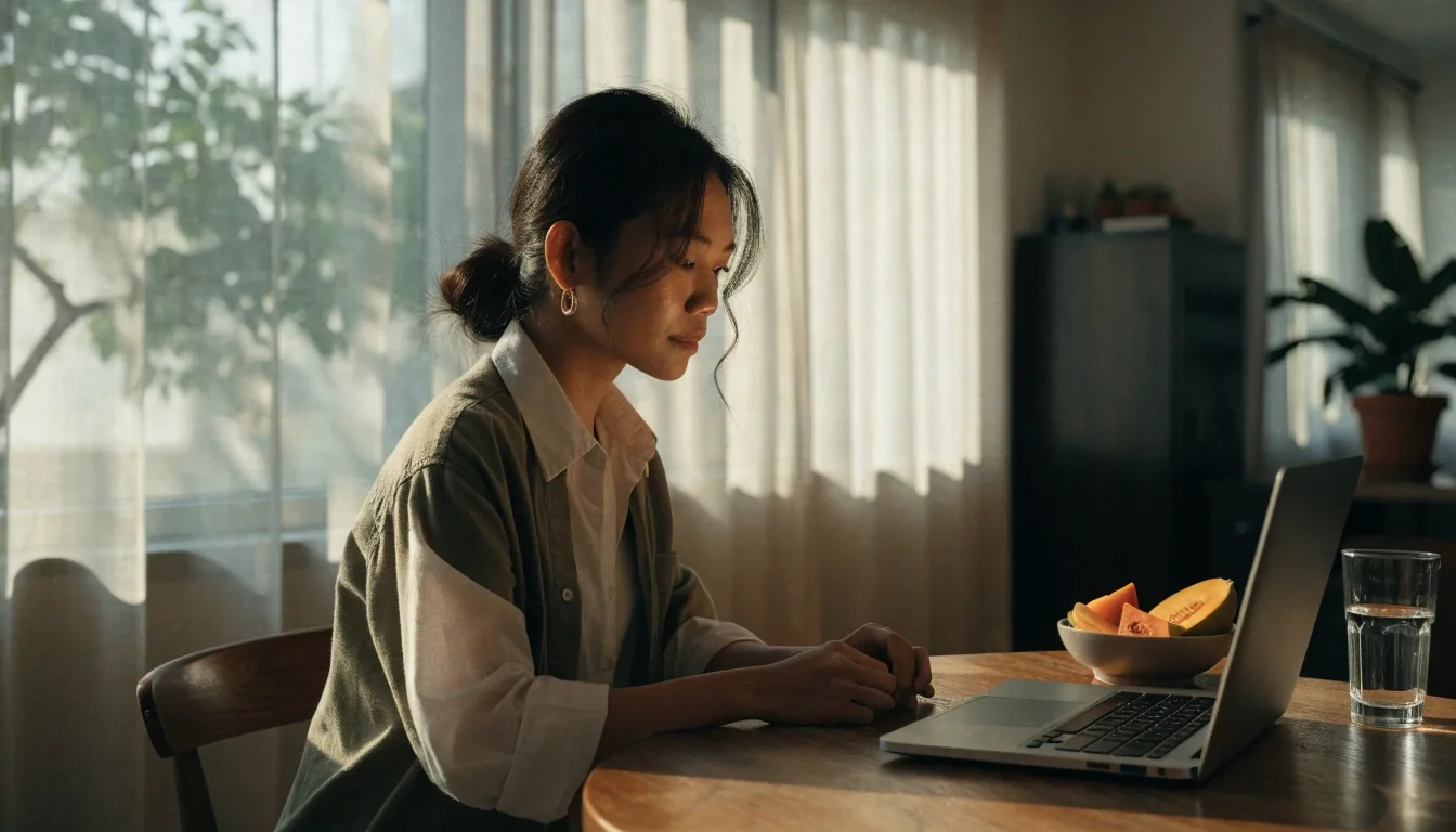 A client sitting at a sunlit table with fresh fruit and water before an online dietitian consultation