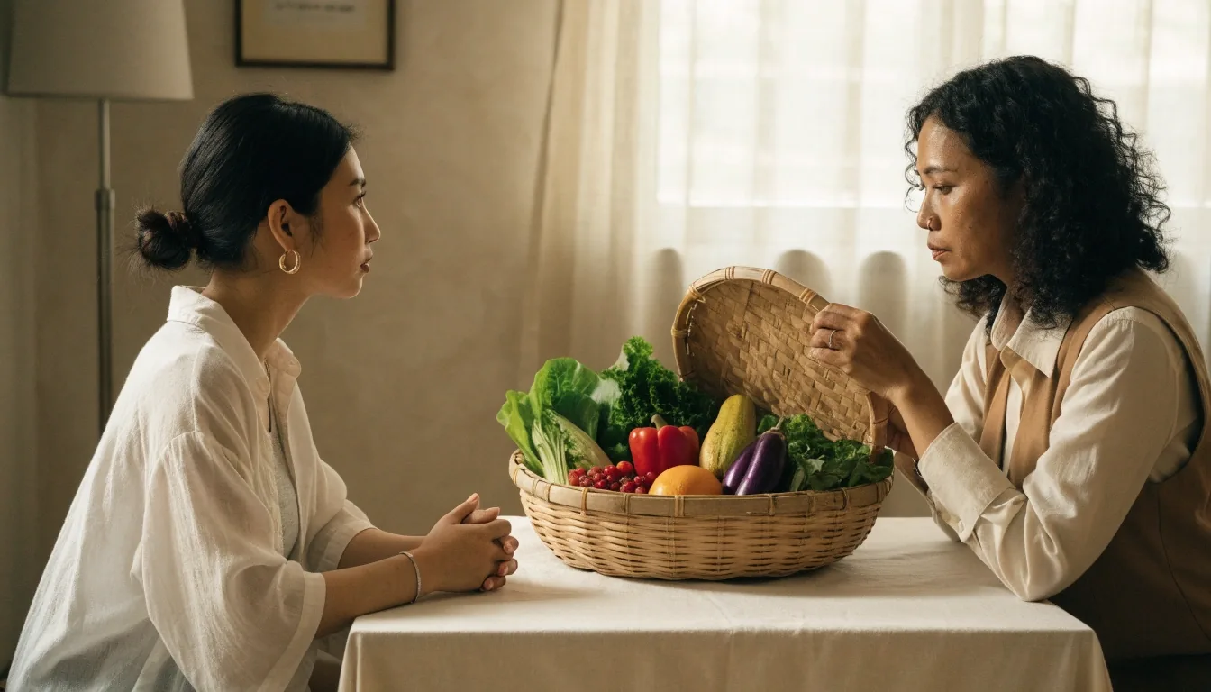 A registered dietitian and a client reviewing a weekly meal plan together in a daylight consultation room